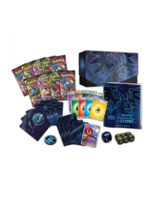 Pokémon TCG Phantasmal Flames ETB contents – booster packs, sleeves, dice, condition markers, player’s guide, and storage box – English Edition