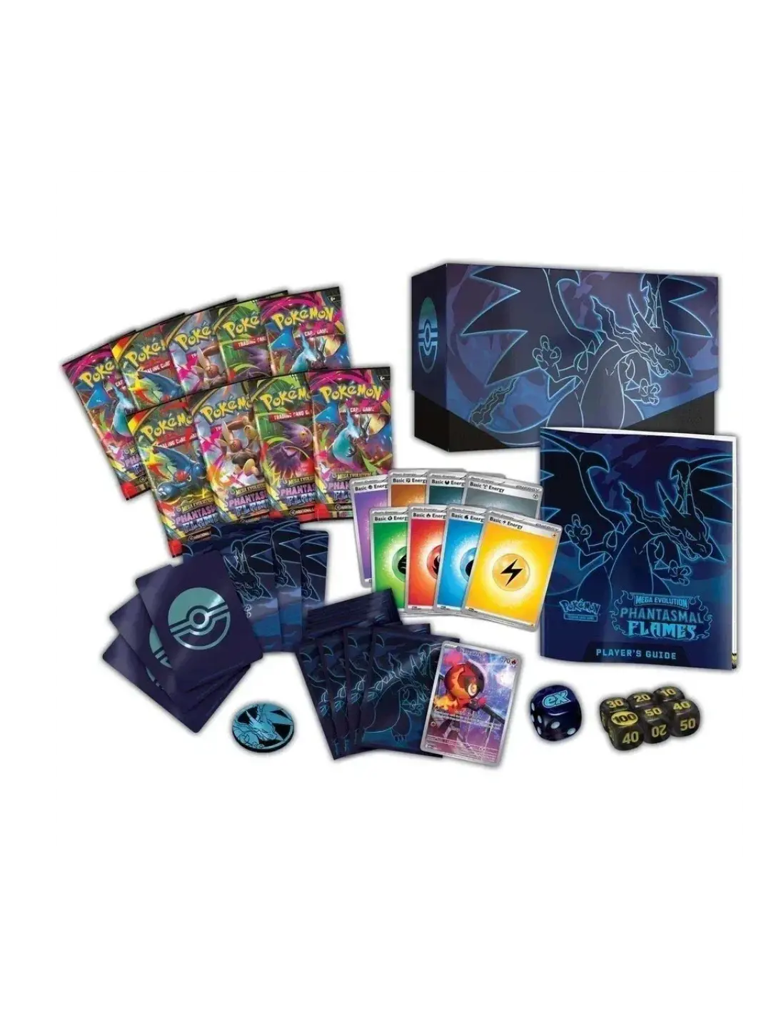 Pokémon TCG Phantasmal Flames ETB contents – booster packs, sleeves, dice, condition markers, player’s guide, and storage box – English Edition