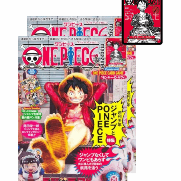 One Piece Magazine Vol 20 with exclusive Monkey D Luffy Promo Card for sale at Epic TCG Vault Dubai. Red Luffy Card 6000 Power. Anime collectibles UAE.