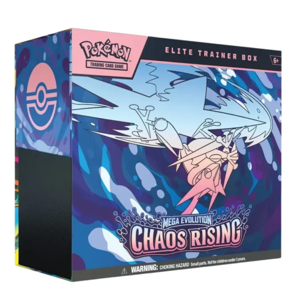 Pokémon TCG Mega Evolution Chaos Rising Elite Trainer Box ETB featuring Mega Evolution artwork, sealed English Pokémon card product for collectors and players in UAE