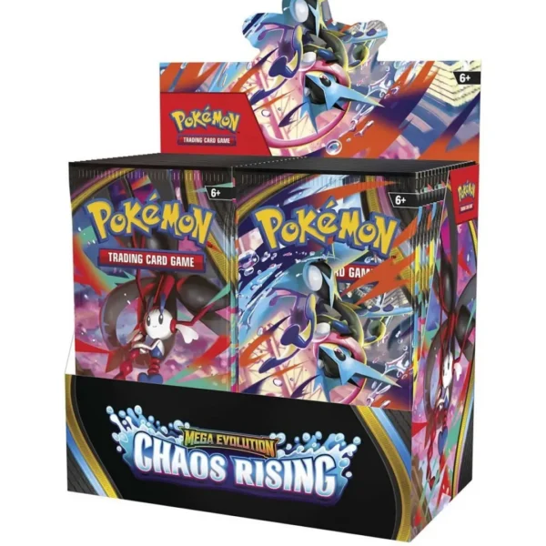 Pokémon TCG Mega Evolution Chaos Rising booster bundle display with sealed booster packs, English Pokémon cards for collectors and competitive players in UAE